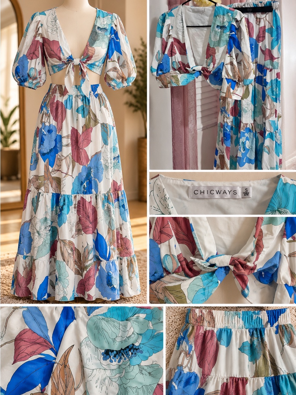 Chicways Floral Two Piece Crop Top & Maxi Skirt Set Size Medium